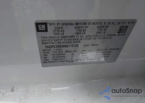 2017 Chevrolet Silverado 1500 1Lz из США, поврежденный, VIN 3GCPCSEC4HG113185